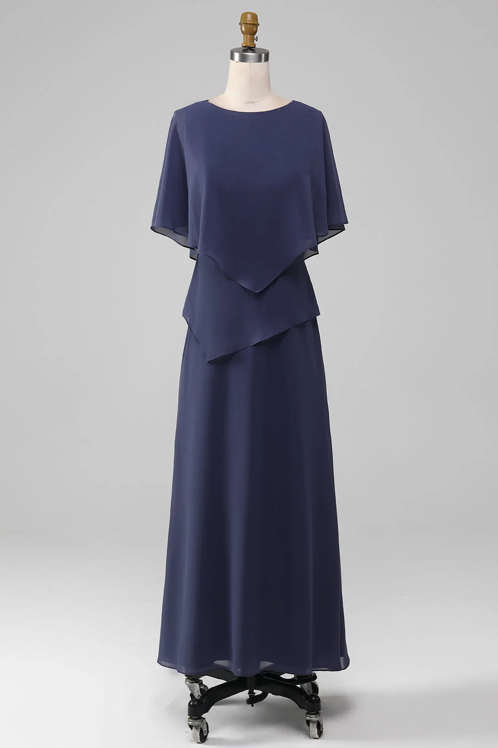 Robe de mère de la mariée en mousseline bleu marine, longueur thé, coupe échancrée